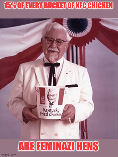 15% OF EVERY BUCKET OF KFC CHICKEN ARE FEMINAZI HENS | image tagged in kfc colonel sanders | made w/ Imgflip meme maker