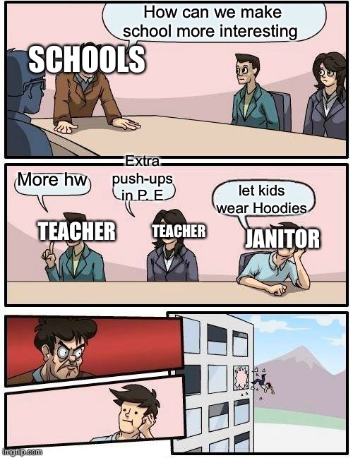 Am I wrong lol | How can we make school more interesting; SCHOOLS; Extra push-ups in P. E; More hw; TEACHER; let kids wear Hoodies; TEACHER; JANITOR | image tagged in memes,boardroom meeting suggestion | made w/ Imgflip meme maker