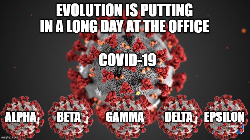 Covid 19 | EVOLUTION IS PUTTING IN A LONG DAY AT THE OFFICE; COVID-19; ALPHA         BETA           GAMMA         DELTA     EPSILON | image tagged in covid 19,evolution | made w/ Imgflip meme maker