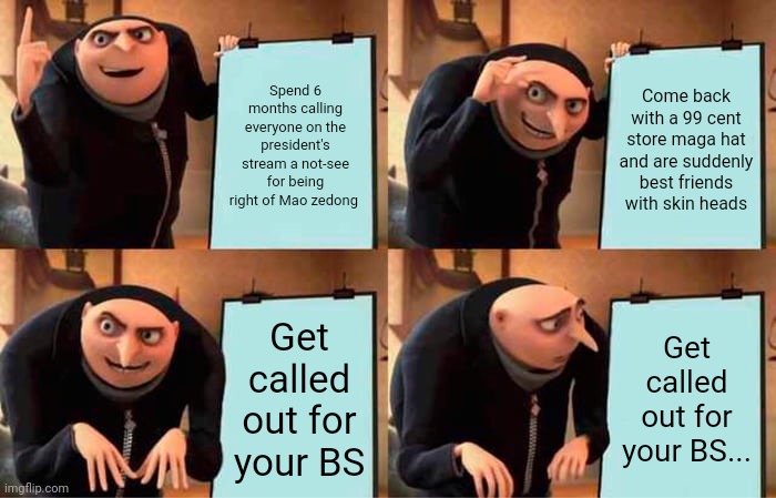 Gru's Plan Meme | Spend 6 months calling everyone on the president's stream a not-see for being right of Mao zedong Come back with a 99 cent store maga hat an | image tagged in memes,gru's plan | made w/ Imgflip meme maker