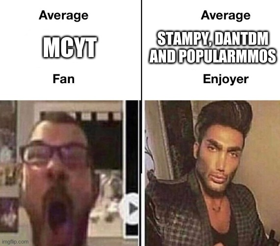 Average Fan vs. Average Enjoyer | STAMPY, DANTDM AND POPULARMMOS; MCYT | image tagged in average fan vs average enjoyer,memes,funny | made w/ Imgflip meme maker