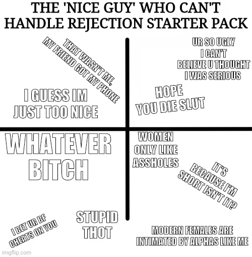Nice Guys | THE 'NICE GUY' WHO CAN'T HANDLE REJECTION STARTER PACK; UR SO UGLY I CAN'T BELIEVE U THOUGHT I WAS SERIOUS; THAT WASN'T ME, MY FRIEND GOT MY PHONE; HOPE YOU DIE SLUT; I GUESS IM JUST TOO NICE; WHATEVER BITCH; WOMEN ONLY LIKE ASSHOLES; IT'S BECAUSE I'M SHORT ISN'T IT? STUPID THOT; I BET UR BF CHEATS ON YOU; MODERN FEMALES ARE INTIMATED BY ALPHAS LIKE ME | image tagged in memes,blank starter pack,nice guy,rejection | made w/ Imgflip meme maker
