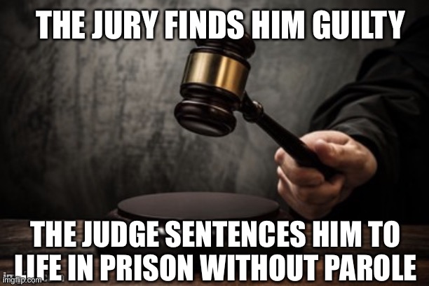 Court | THE JURY FINDS HIM GUILTY THE JUDGE SENTENCES HIM TO LIFE IN PRISON WITHOUT PAROLE | image tagged in court | made w/ Imgflip meme maker