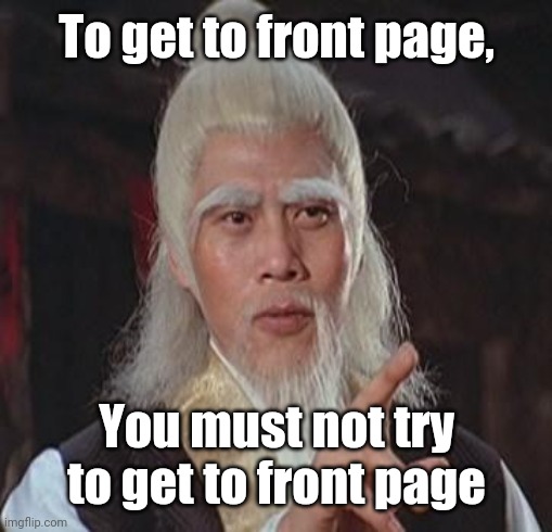 Wise Kung Fu Master | To get to front page, You must not try to get to front page | image tagged in wise kung fu master | made w/ Imgflip meme maker