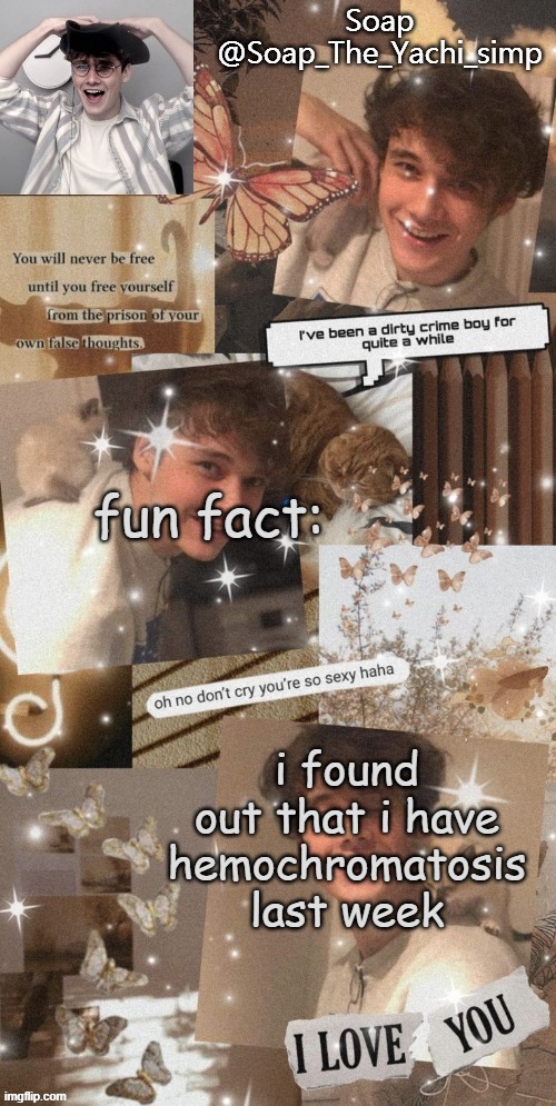 i could get cancer bc of it (unlikely tho) | fun fact:; i found out that i have hemochromatosis last week | image tagged in soap's wilbur tempo | made w/ Imgflip meme maker