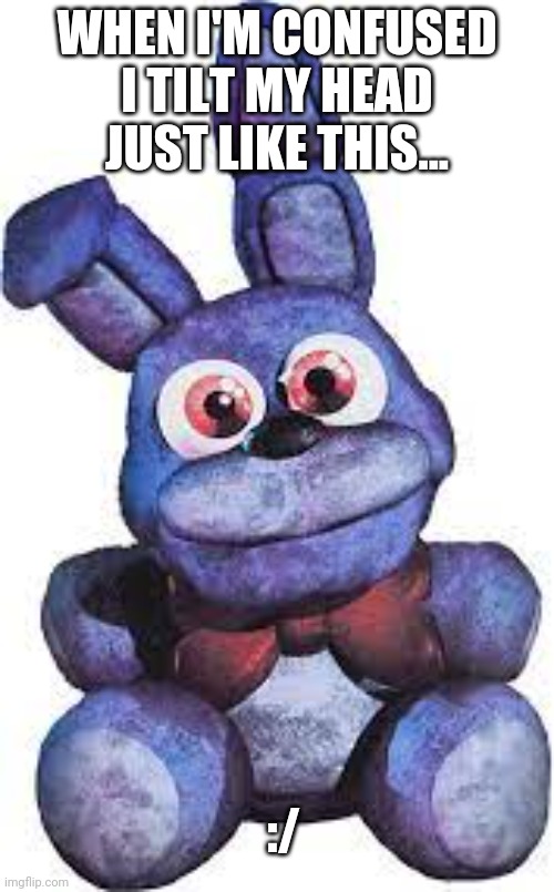 Bonnie plush | WHEN I'M CONFUSED I TILT MY HEAD JUST LIKE THIS... :/ | image tagged in bonnie plush | made w/ Imgflip meme maker