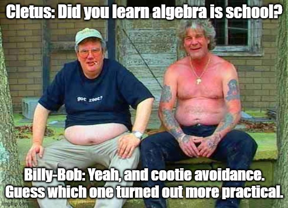 Cootie Avoidance |  Cletus: Did you learn algebra is school? Billy-Bob: Yeah, and cootie avoidance. Guess which one turned out more practical. | image tagged in redneck school2,cooties,algebra | made w/ Imgflip meme maker