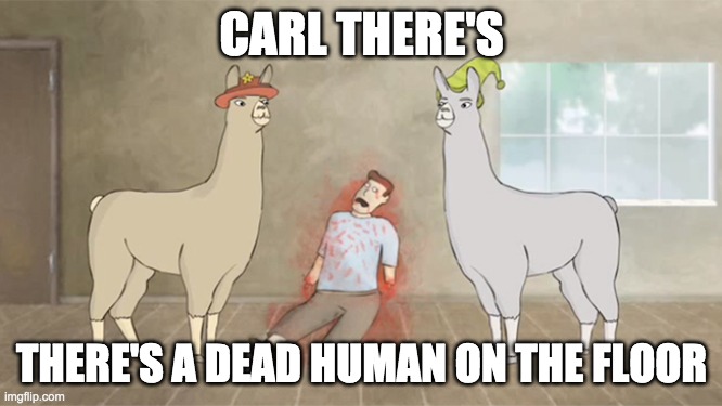 Llamas with hats dead guy | CARL THERE'S; THERE'S A DEAD HUMAN ON THE FLOOR | image tagged in llamas with hats dead guy | made w/ Imgflip meme maker