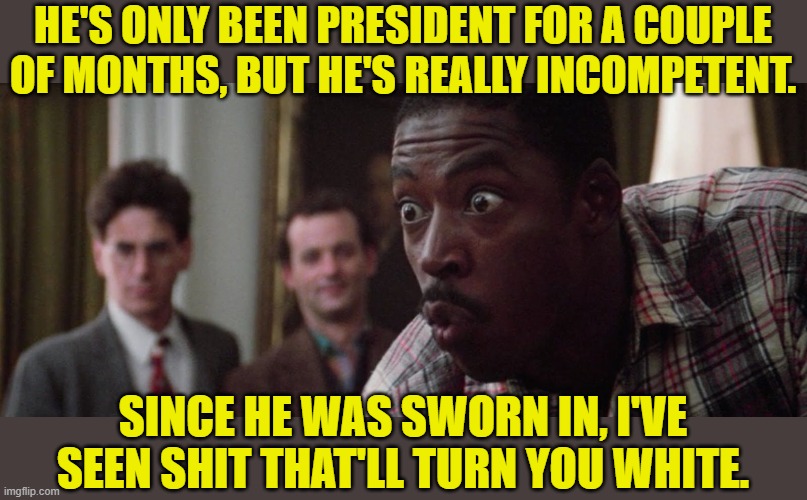 turn you white | HE'S ONLY BEEN PRESIDENT FOR A COUPLE OF MONTHS, BUT HE'S REALLY INCOMPETENT. SINCE HE WAS SWORN IN, I'VE SEEN SHIT THAT'LL TURN YOU WHITE. | image tagged in turn you white | made w/ Imgflip meme maker