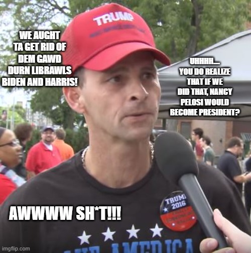 Trump supporter | UHHHH.... YOU DO REALIZE THAT IF WE DID THAT, NANCY PELOSI WOULD BECOME PRESIDENT? WE AUGHT TA GET RID OF DEM GAWD DURN LIBRAWLS BIDEN AND HARRIS! AWWWW SH*T!!! | image tagged in trump supporter | made w/ Imgflip meme maker