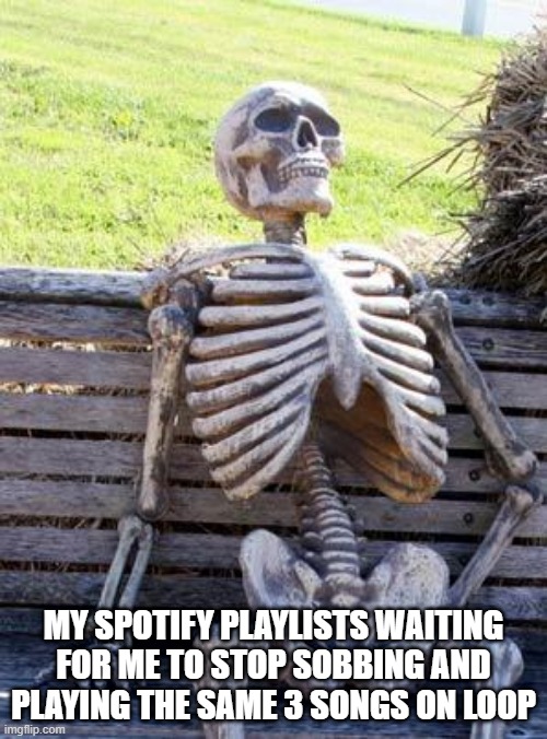 Spotify | MY SPOTIFY PLAYLISTS WAITING FOR ME TO STOP SOBBING AND PLAYING THE SAME 3 SONGS ON LOOP | image tagged in memes,waiting skeleton | made w/ Imgflip meme maker