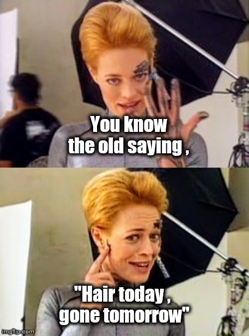 7 of 9 joke | You know the old saying , "Hair today , 
gone tomorrow" | image tagged in 7 of 9 joke | made w/ Imgflip meme maker
