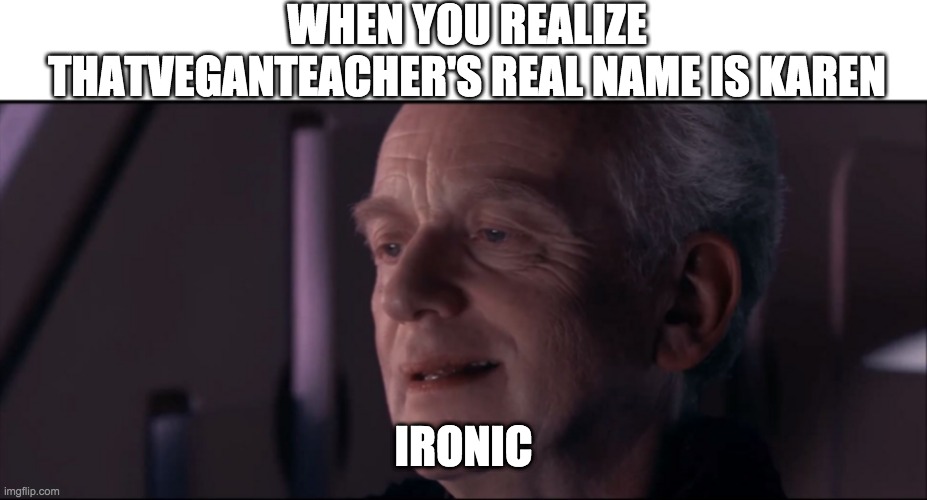 IRONIC | WHEN YOU REALIZE THATVEGANTEACHER'S REAL NAME IS KAREN; IRONIC | image tagged in palpatine ironic | made w/ Imgflip meme maker