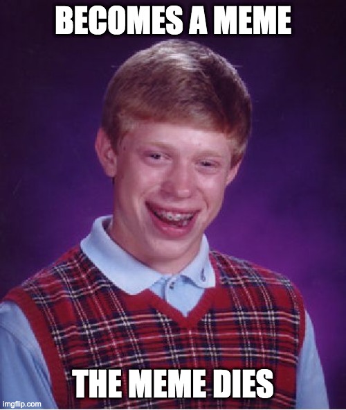 RIP | BECOMES A MEME; THE MEME DIES | image tagged in memes,bad luck brian,dead memes | made w/ Imgflip meme maker