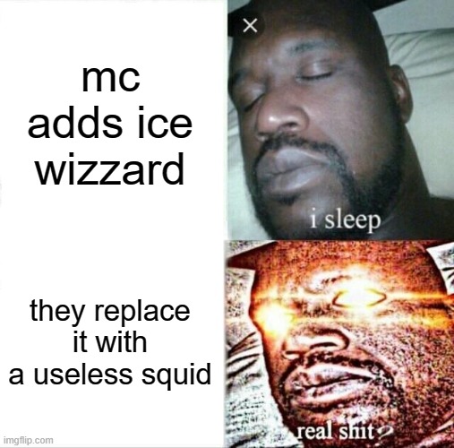 Sleeping Shaq Meme | mc adds ice wizzard; they replace it with a useless squid | image tagged in memes,sleeping shaq | made w/ Imgflip meme maker