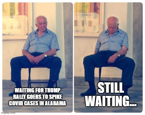 Waiting | WAITING FOR TRUMP RALLY GOERS TO SPIKE COVID CASES IN ALABAMA; STILL WAITING... | made w/ Imgflip meme maker