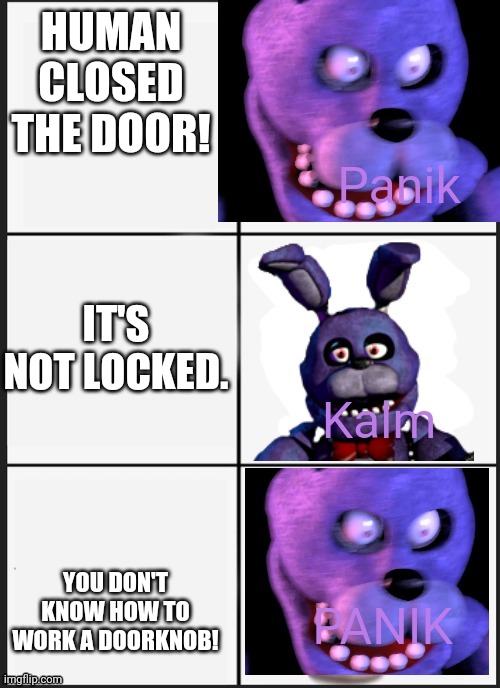 panik kalm panik | HUMAN CLOSED THE DOOR! IT'S NOT LOCKED. YOU DON'T KNOW HOW TO WORK A DOORKNOB! | image tagged in panik kalm panik | made w/ Imgflip meme maker