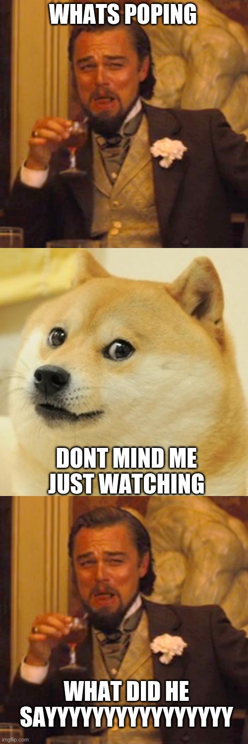 WHATS POPING; DONT MIND ME JUST WATCHING; WHAT DID HE SAYYYYYYYYYYYYYYYY | image tagged in memes,laughing leo,doge | made w/ Imgflip meme maker