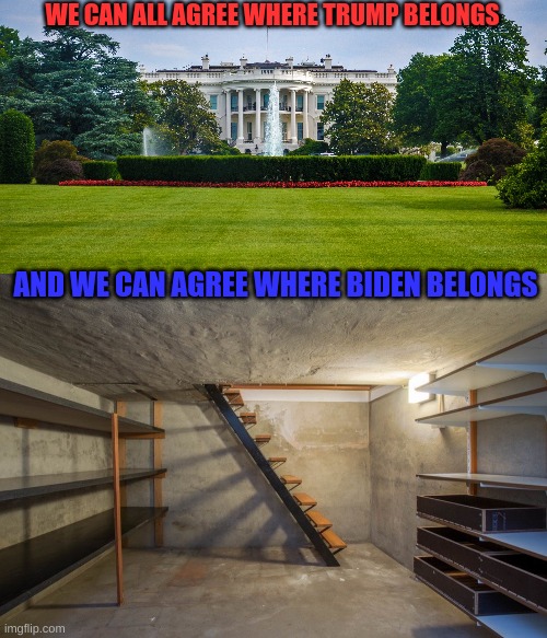 We can all agree where the 2 belong | WE CAN ALL AGREE WHERE TRUMP BELONGS; AND WE CAN AGREE WHERE BIDEN BELONGS | image tagged in basement,white house,donald trump,joe biden,politics | made w/ Imgflip meme maker