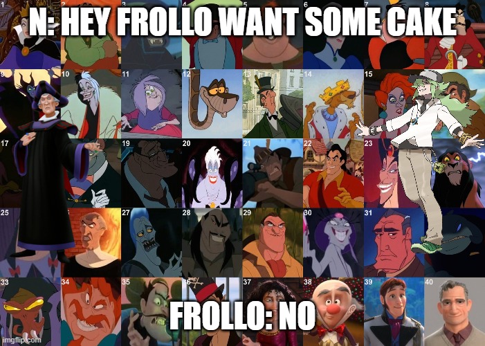 my meme 6 | N: HEY FROLLO WANT SOME CAKE; FROLLO: NO | image tagged in disney,villain | made w/ Imgflip meme maker