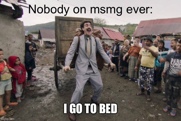 Borat i go to america | Nobody on msmg ever: I GO TO BED | image tagged in borat i go to america | made w/ Imgflip meme maker