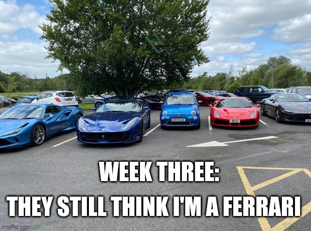 It rhymes! |  WEEK THREE:; THEY STILL THINK I'M A FERRARI | image tagged in imposter among us,ferrari,imposter,car memes,car meme,memes | made w/ Imgflip meme maker