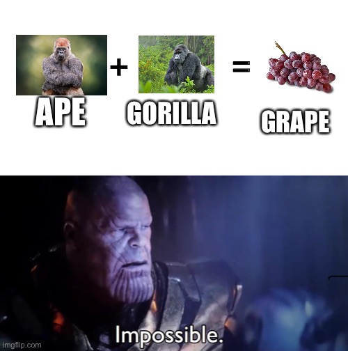 :0 | +; =; APE; GORILLA; GRAPE | image tagged in thanos impossible,i have no idea what i am doing,oh wow are you actually reading these tags | made w/ Imgflip meme maker