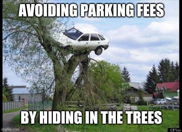 Parking |  AVOIDING PARKING FEES; BY HIDING IN THE TREES | image tagged in memes,secure parking | made w/ Imgflip meme maker
