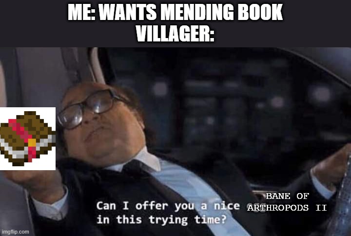 villagers be like | ME: WANTS MENDING BOOK
VILLAGER:; BANE OF ARTHROPODS II | image tagged in can i offer you a nice egg in this trying time | made w/ Imgflip meme maker