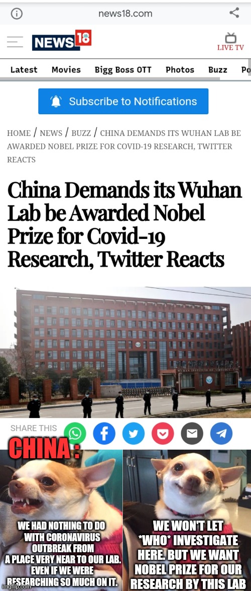 China wants Nobel prize for the lab that developed the coronavirus | CHINA :; WE WON'T LET *WHO* INVESTIGATE HERE. BUT WE WANT NOBEL PRIZE FOR OUR RESEARCH BY THIS LAB; WE HAD NOTHING TO DO 
WITH CORONAVIRUS
 OUTBREAK FROM
 A PLACE VERY NEAR TO OUR LAB.
 EVEN IF WE WERE 
RESEARCHING SO MUCH ON IT. | image tagged in lily lu,china,coronavirus,hypocrisy,nobel prize,bad news | made w/ Imgflip meme maker