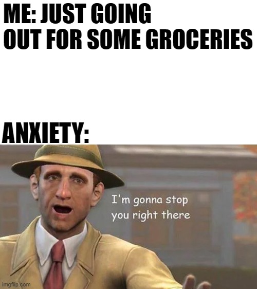 Every time. | ME: JUST GOING OUT FOR SOME GROCERIES; ANXIETY: | image tagged in i'm gonna stop you right there,anxiety,mad pride,memes,funny | made w/ Imgflip meme maker