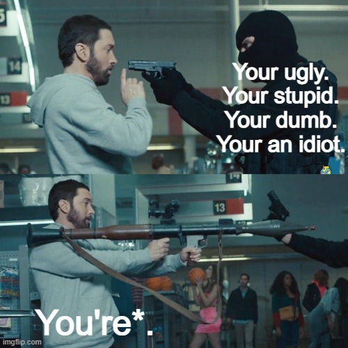 Godzilla Eminem | Your ugly. Your stupid. Your dumb. Your an idiot. You're*. | image tagged in godzilla eminem | made w/ Imgflip meme maker