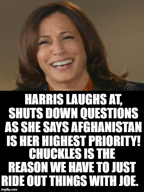 VP Chuckles, The reason we have to ride out the catastrophic Biden! | HARRIS LAUGHS AT, SHUTS DOWN QUESTIONS AS SHE SAYS AFGHANISTAN IS HER HIGHEST PRIORITY! CHUCKLES IS THE REASON WE HAVE TO JUST RIDE OUT THINGS WITH JOE. | image tagged in stupid liberals | made w/ Imgflip meme maker