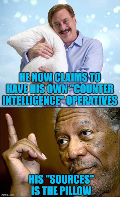 HE NOW CLAIMS TO HAVE HIS OWN "COUNTER INTELLIGENCE" OPERATIVES; HIS "SOURCES" IS THE PILLOW | image tagged in my pillow guy,this morgan freeman | made w/ Imgflip meme maker