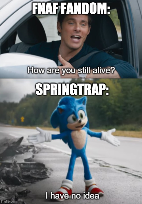 Sonic : How are you still alive | FNAF FANDOM:; SPRINGTRAP: | image tagged in sonic how are you still alive,fnaf 3 | made w/ Imgflip meme maker
