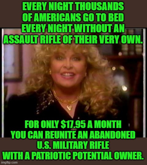 Sally Struthers | EVERY NIGHT THOUSANDS OF AMERICANS GO TO BED EVERY NIGHT WITHOUT AN ASSAULT RIFLE OF THEIR VERY OWN. FOR ONLY $17.95 A MONTH YOU CAN REUNITE | image tagged in sally struthers | made w/ Imgflip meme maker