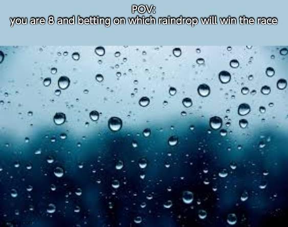 raindrops | POV:
you are 8 and betting on which raindrop will win the race | image tagged in raindrops | made w/ Imgflip meme maker