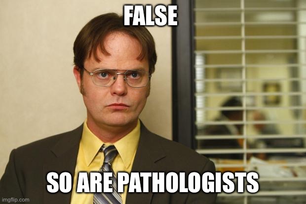 Dwight false | FALSE SO ARE PATHOLOGISTS | image tagged in dwight false | made w/ Imgflip meme maker