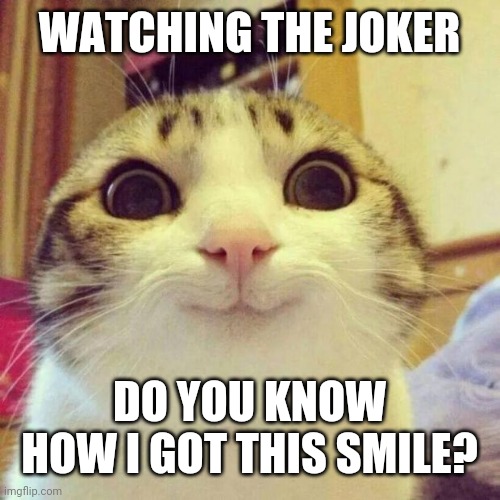 Smiling Cat |  WATCHING THE JOKER; DO YOU KNOW HOW I GOT THIS SMILE? | image tagged in memes,smiling cat | made w/ Imgflip meme maker