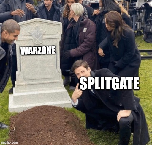 Grant Gustin over grave | WARZONE; SPLITGATE | image tagged in grant gustin over grave | made w/ Imgflip meme maker