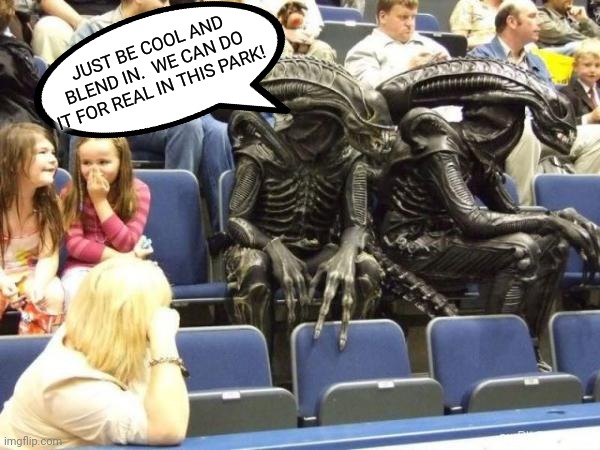 Illegal aliens | JUST BE COOL AND BLEND IN.  WE CAN DO IT FOR REAL IN THIS PARK! | image tagged in illegal aliens | made w/ Imgflip meme maker