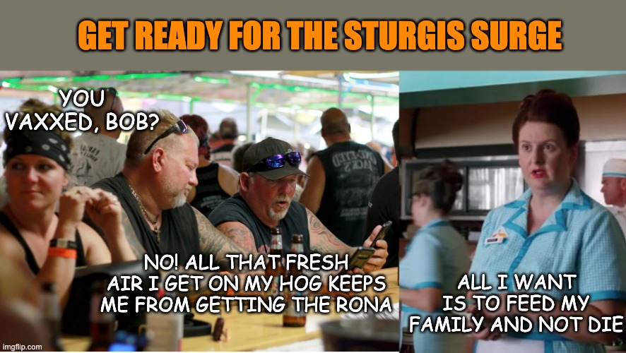Those who don't learn from their history . . . may not get the chance to repeat it | GET READY FOR THE STURGIS SURGE; YOU VAXXED, BOB? ALL I WANT IS TO FEED MY FAMILY AND NOT DIE; NO! ALL THAT FRESH AIR I GET ON MY HOG KEEPS ME FROM GETTING THE RONA | image tagged in coronavirus,covidiots,superspreader | made w/ Imgflip meme maker