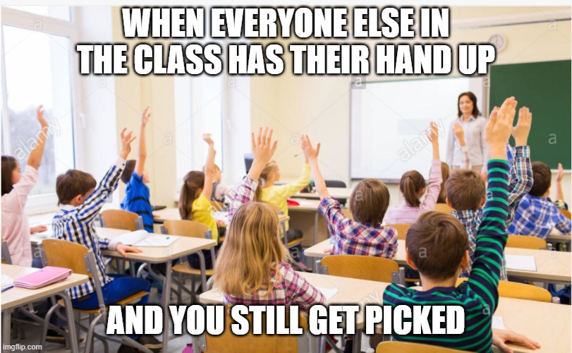 WHEN EVERYONE ELSE IN THE CLASS HAS THEIR HAND UP; AND YOU STILL GET PICKED | image tagged in school,funny | made w/ Imgflip meme maker