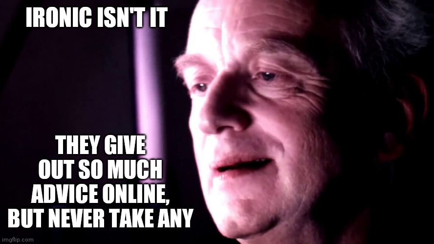 Advice | IRONIC ISN'T IT; THEY GIVE OUT SO MUCH ADVICE ONLINE, BUT NEVER TAKE ANY | image tagged in palpatine ironic no caption,advice | made w/ Imgflip meme maker