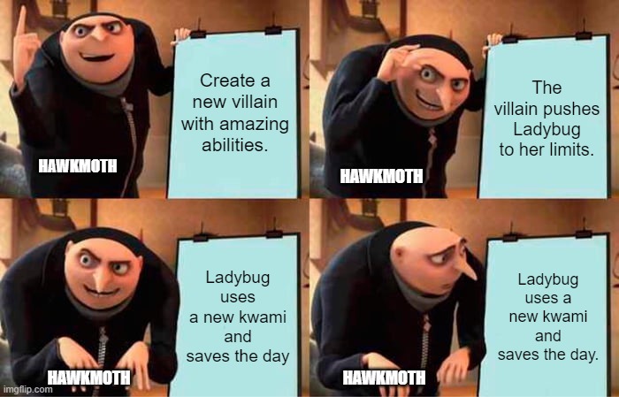 Hawkmoths Plans | Create a new villain with amazing abilities. The villain pushes Ladybug to her limits. HAWKMOTH; HAWKMOTH; Ladybug uses a new kwami and saves the day; Ladybug uses a new kwami and saves the day. HAWKMOTH; HAWKMOTH | image tagged in memes,gru's plan | made w/ Imgflip meme maker