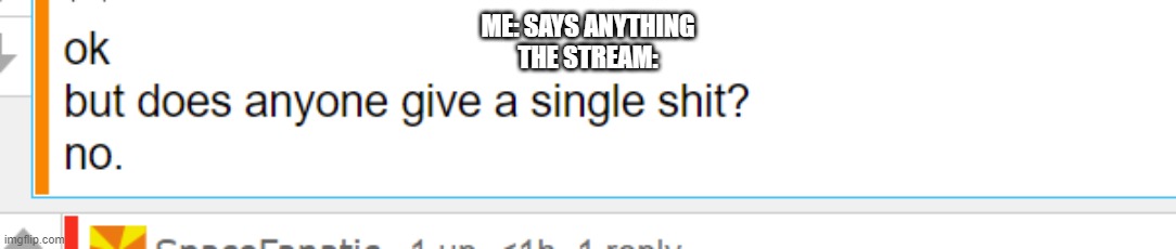 ME: SAYS ANYTHING
THE STREAM: | made w/ Imgflip meme maker