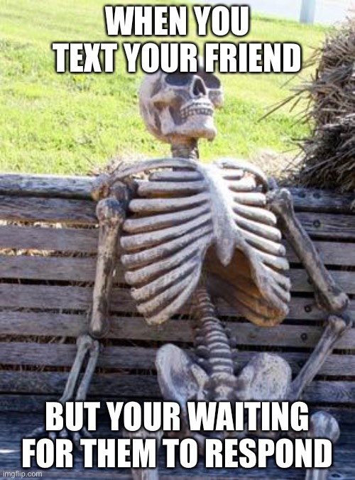 Waiting Skeleton | WHEN YOU TEXT YOUR FRIEND; BUT YOUR WAITING FOR THEM TO RESPOND | image tagged in memes,waiting skeleton | made w/ Imgflip meme maker