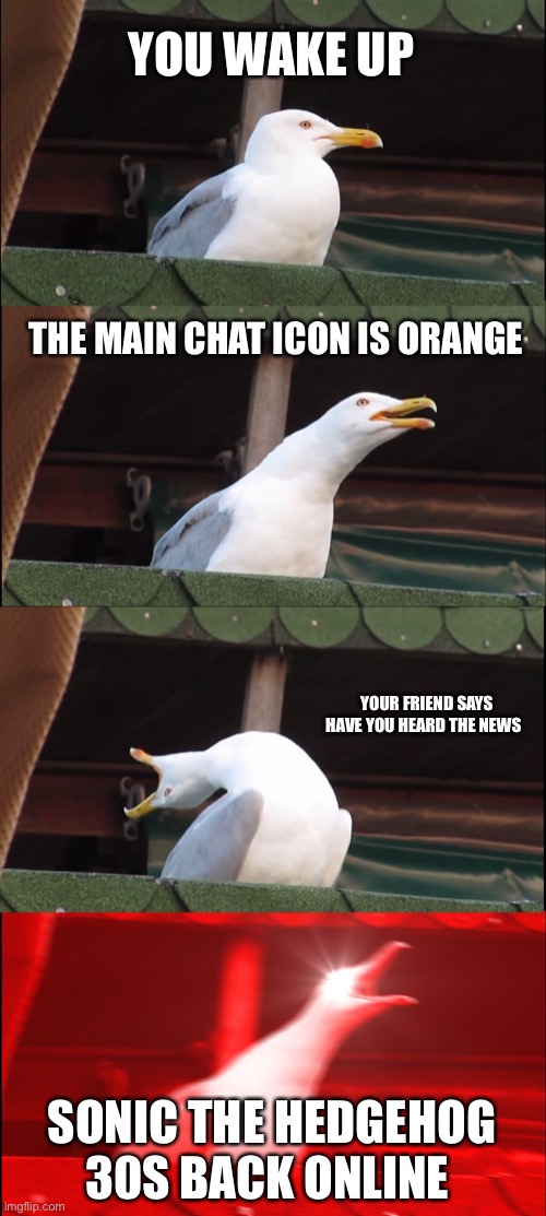 King is back in the house | YOU WAKE UP; THE MAIN CHAT ICON IS ORANGE; YOUR FRIEND SAYS HAVE YOU HEARD THE NEWS; SONIC THE HEDGEHOG 30S BACK ONLINE | image tagged in memes,inhaling seagull | made w/ Imgflip meme maker