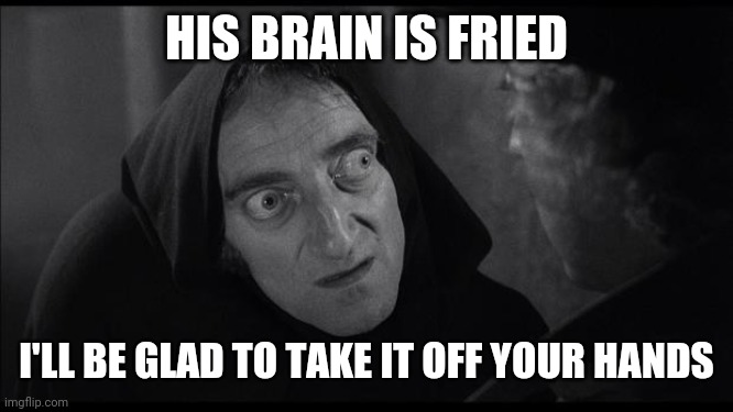 Young Frankenstein | HIS BRAIN IS FRIED I'LL BE GLAD TO TAKE IT OFF YOUR HANDS | image tagged in young frankenstein | made w/ Imgflip meme maker