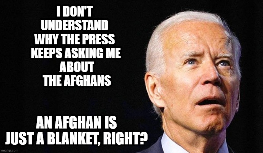 Biden.... proving again that Dem is short for dementia | I DON'T 
UNDERSTAND 
WHY THE PRESS 
KEEPS ASKING ME
 ABOUT
 THE AFGHANS; AN AFGHAN IS JUST A BLANKET, RIGHT? | image tagged in biden,afghanistan,idiot,blanket,dementia | made w/ Imgflip meme maker